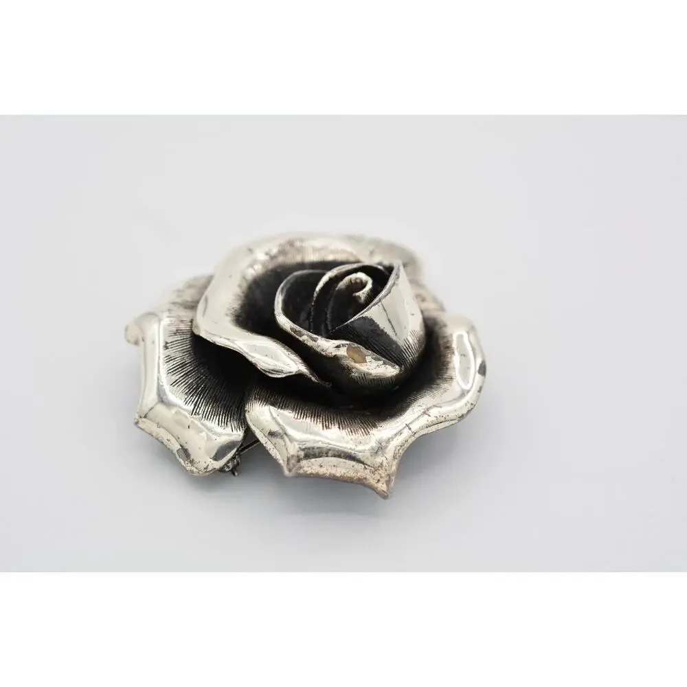 Tortolani Vintage Rose Pin Brooch Flower Chunky Heavy Silver Signed 1950s BinAT